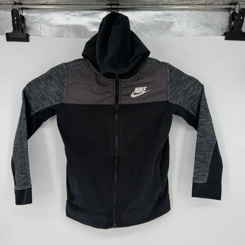 Nike Boys Full Zip Hoodie Black Gray Mixed Media Fleece AJ0117-011 Large L